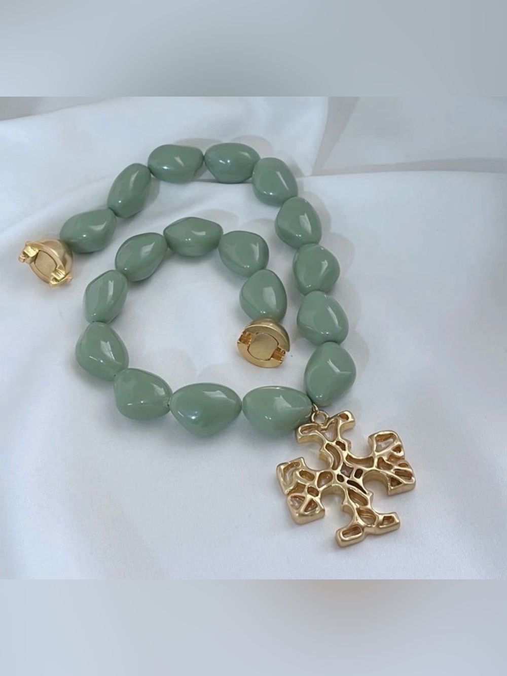 Tory Burch Gold Cross Necklace with Sage Green Beads